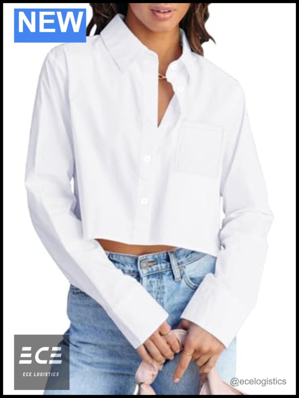 Women's Long Sleeve Button Down Cropped Blouse with Pocket